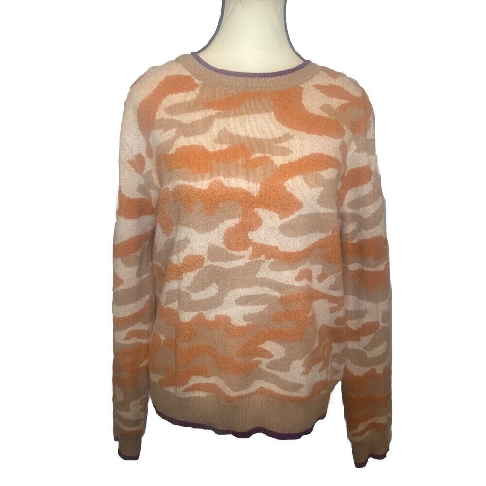 Women’s FATE Distressed ORANGE BEIGE Camo Crew Neck‎ Pullover Sweater Sz Medium